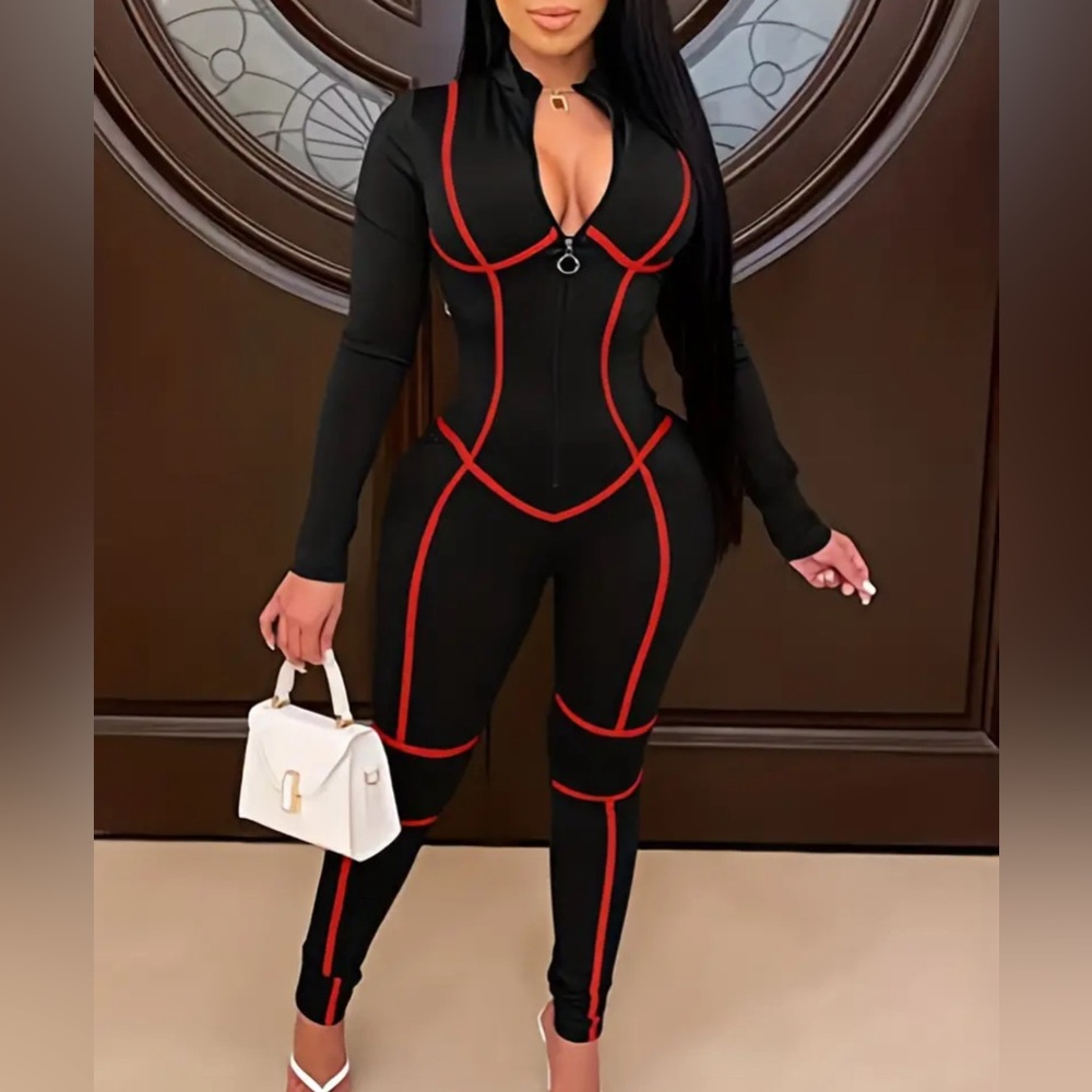 Black & Red Longsleeve Jumpsuit (moto/racer style) - Never worn - 2X (stretchy)